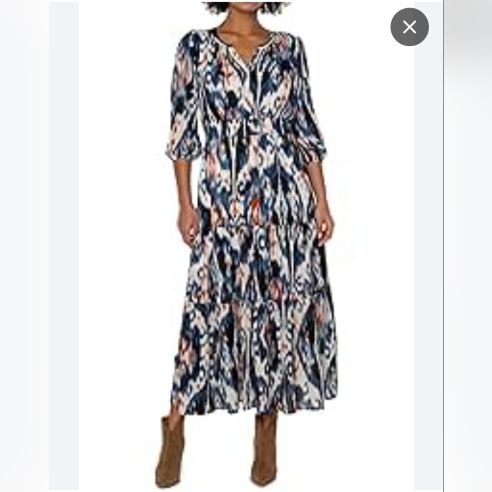 Liverpool Los AngelesIkat Print Split V-Neck 3/4 Blouson Sleeve Tiered Hem Dress